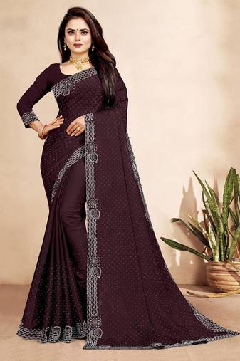 brown color georgette siroski work border saree with un-stitched blouse