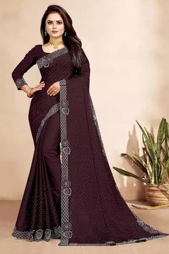 brown color georgette siroski work border saree with un-stitched blouse