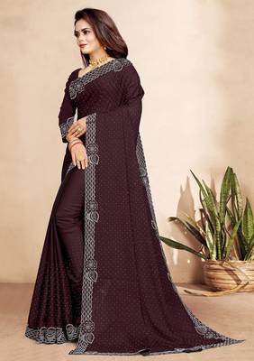 brown color georgette siroski work border saree with un-stitched blouse 2