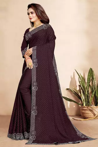 brown color georgette siroski work border saree with un-stitched blouse