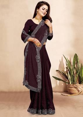 brown color georgette siroski work border saree with un-stitched blouse 3