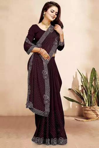 brown color georgette siroski work border saree with un-stitched blouse