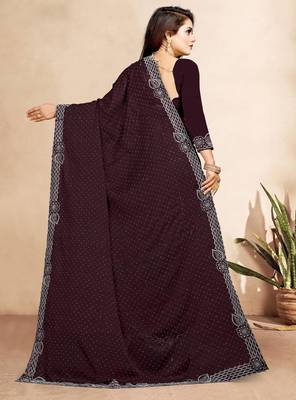 brown color georgette siroski work border saree with un-stitched blouse 4