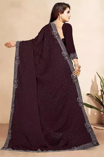 brown color georgette siroski work border saree with un-stitched blouse