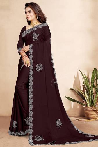 brown color georgette siroski work border saree with un-stitched blouse
