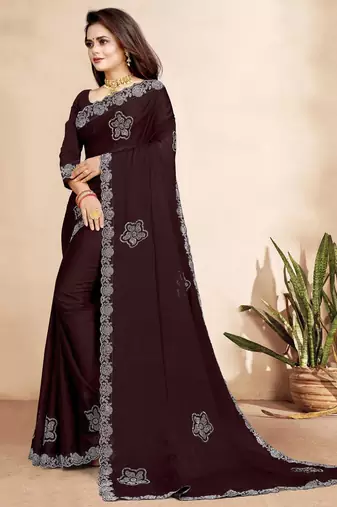 brown color georgette siroski work border saree with un-stitched blouse