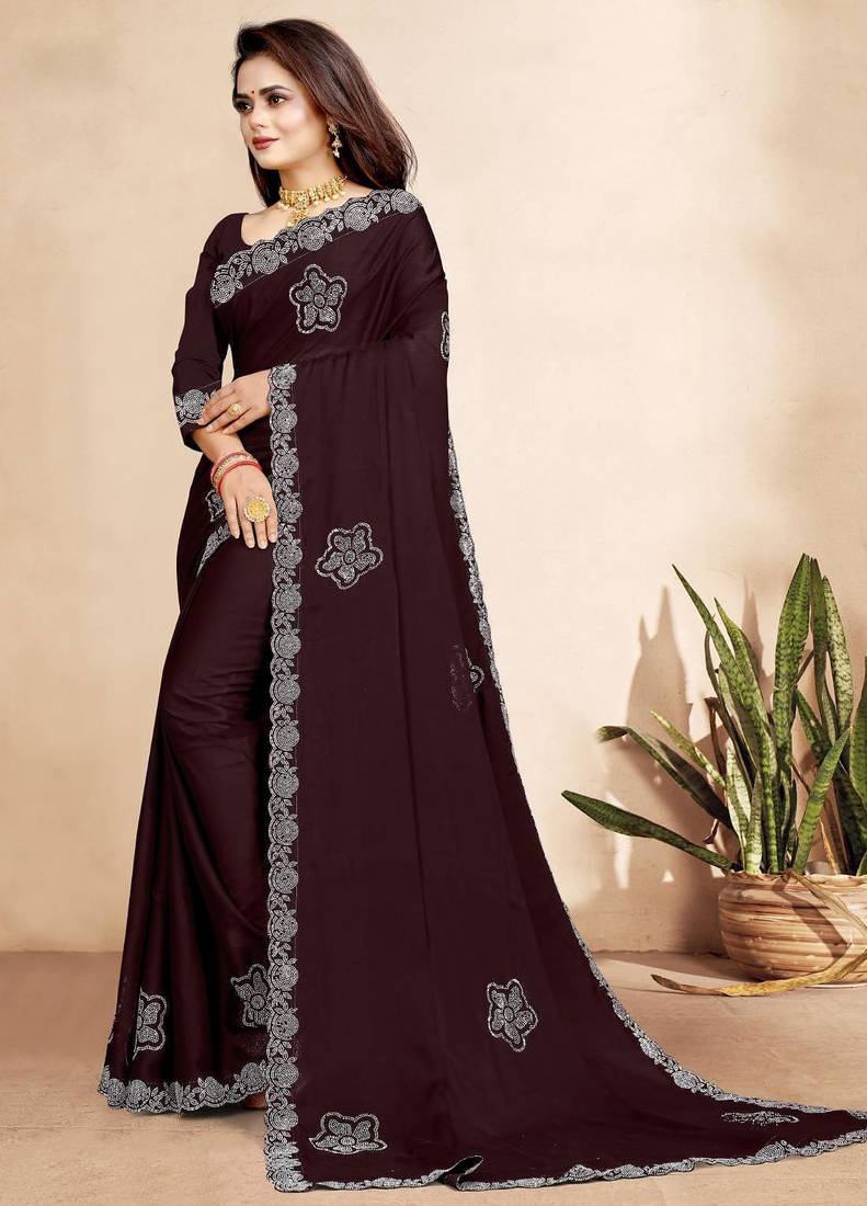 brown color georgette siroski work border saree with un-stitched blouse