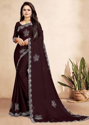 brown color georgette siroski work border saree with un-stitched blouse 2
