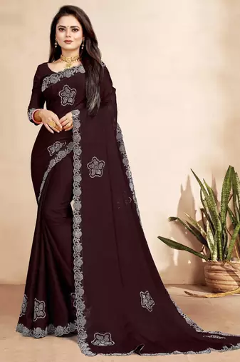 brown color georgette siroski work border saree with un-stitched blouse