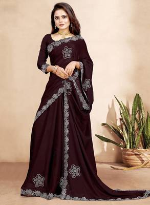 brown color georgette siroski work border saree with un-stitched blouse 3