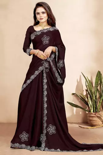 brown color georgette siroski work border saree with un-stitched blouse