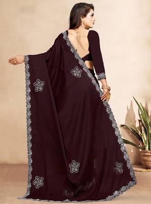 brown color georgette siroski work border saree with un-stitched blouse 4