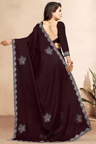 brown color georgette siroski work border saree with un-stitched blouse