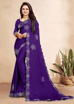purple blue color georgette siroski work border saree with un-stitched blouse 1