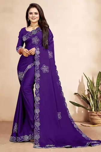 purple blue color georgette siroski work border saree with un-stitched blouse