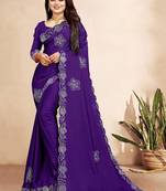 purple blue color georgette siroski work border saree with un-stitched blouse