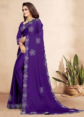 purple blue color georgette siroski work border saree with un-stitched blouse 2