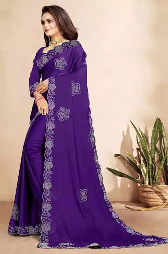 purple blue color georgette siroski work border saree with un-stitched blouse