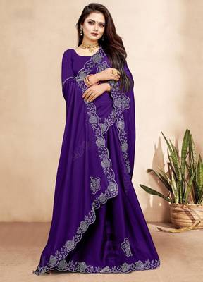 purple blue color georgette siroski work border saree with un-stitched blouse 3