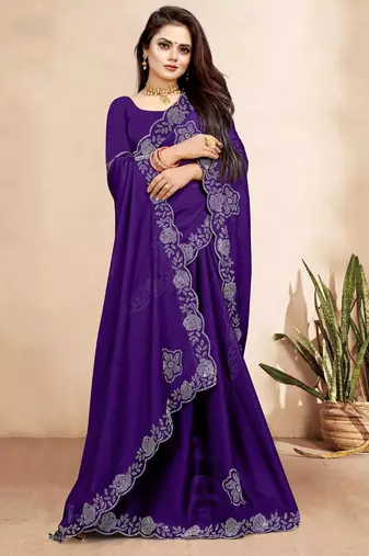 purple blue color georgette siroski work border saree with un-stitched blouse