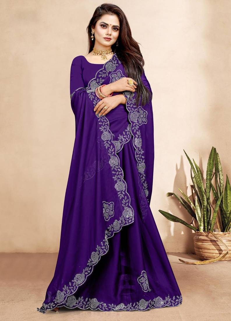 purple blue color georgette siroski work border saree with un-stitched blouse
