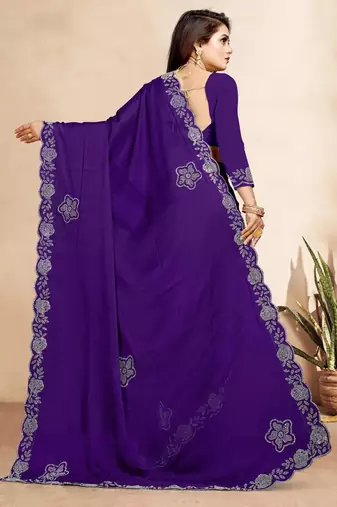 purple blue color georgette siroski work border saree with un-stitched blouse