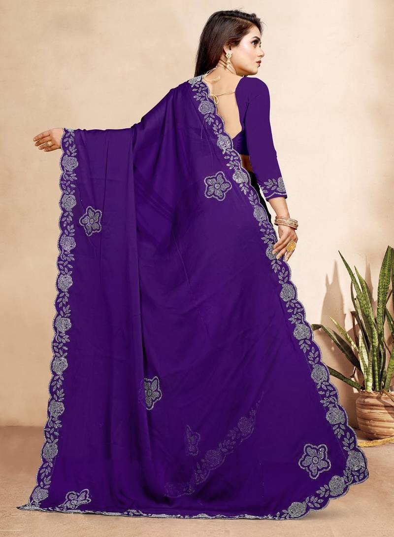 purple blue color georgette siroski work border saree with un-stitched blouse