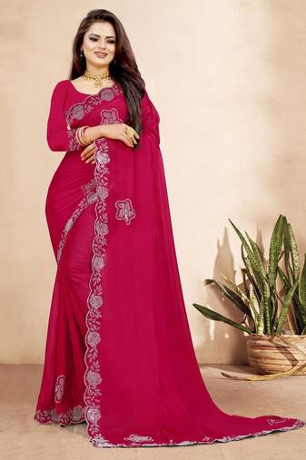 rani pink color georgette siroski work border saree with un-stitched blouse