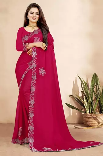 rani pink color georgette siroski work border saree with un-stitched blouse
