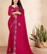 rani pink color georgette siroski work border saree with un-stitched blouse