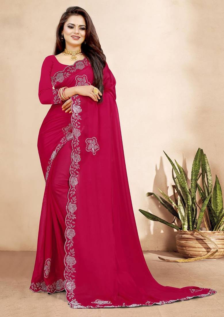 rani pink color georgette siroski work border saree with un-stitched blouse