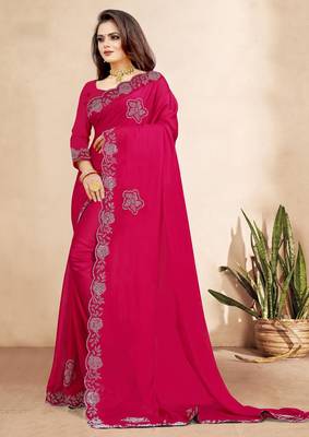 rani pink color georgette siroski work border saree with un-stitched blouse 2