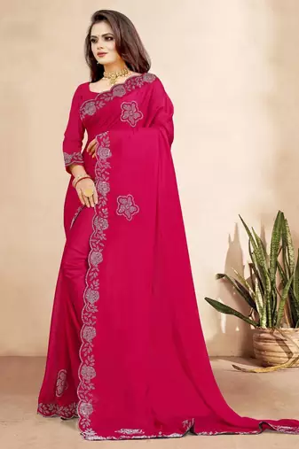 rani pink color georgette siroski work border saree with un-stitched blouse