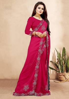 rani pink color georgette siroski work border saree with un-stitched blouse 3