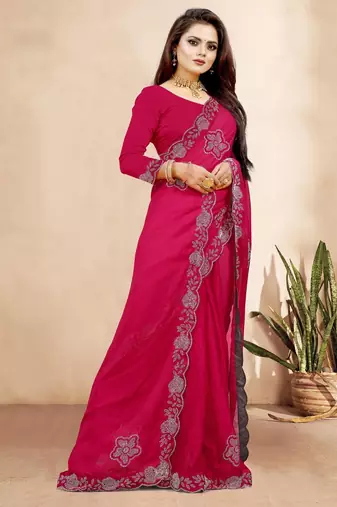 rani pink color georgette siroski work border saree with un-stitched blouse