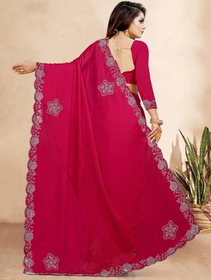 rani pink color georgette siroski work border saree with un-stitched blouse 4