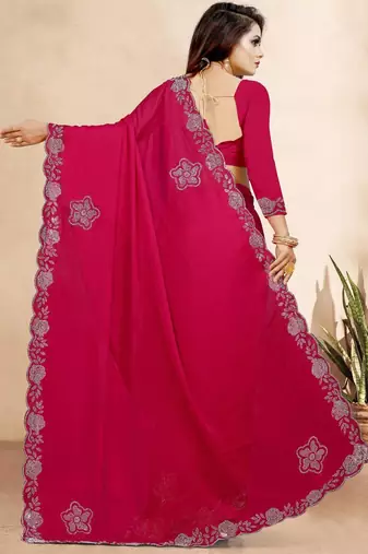 rani pink color georgette siroski work border saree with un-stitched blouse