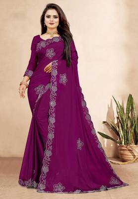 wine color georgette siroski work border saree with un-stitched blouse 1