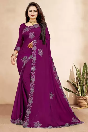 wine color georgette siroski work border saree with un-stitched blouse