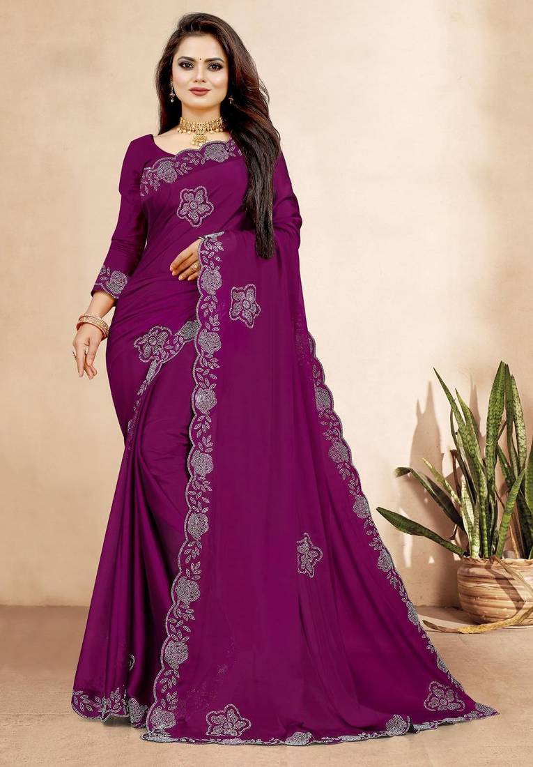 wine color georgette siroski work border saree with un-stitched blouse