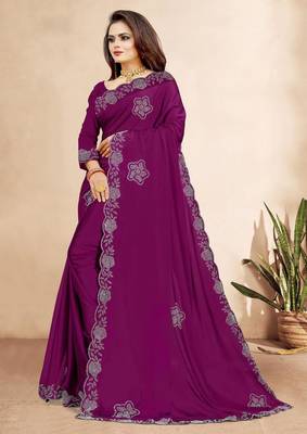 wine color georgette siroski work border saree with un-stitched blouse 2