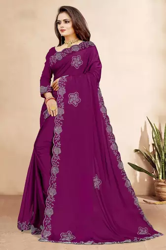 wine color georgette siroski work border saree with un-stitched blouse