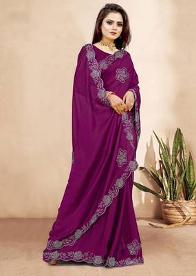 wine color georgette siroski work border saree with un-stitched blouse 3