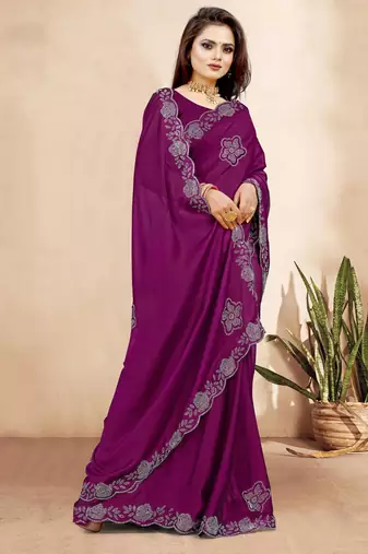 wine color georgette siroski work border saree with un-stitched blouse