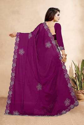 wine color georgette siroski work border saree with un-stitched blouse 4
