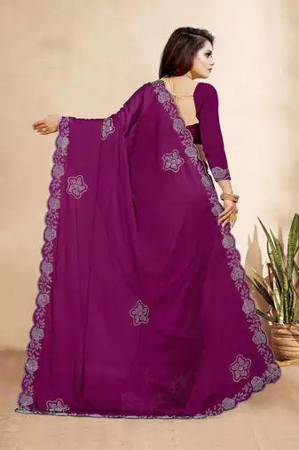 wine color georgette siroski work border saree with un-stitched blouse