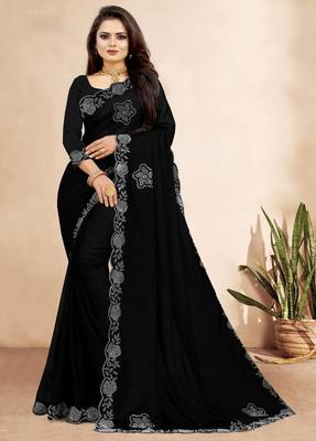 black color georgette siroski work border saree with un-stitched blouse 1