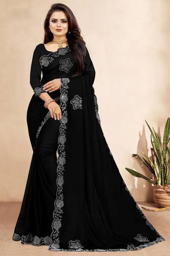 black color georgette siroski work border saree with un-stitched blouse