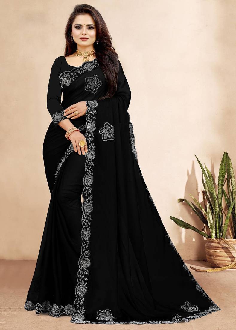 black color georgette siroski work border saree with un-stitched blouse