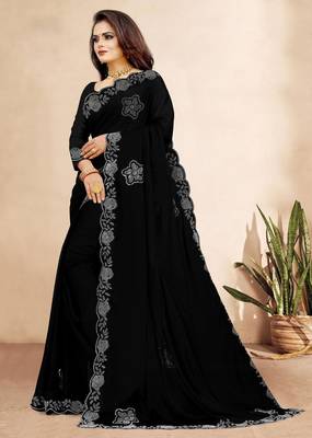 black color georgette siroski work border saree with un-stitched blouse 2